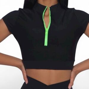 ✨Bombshell Black Crop Top with Neon Green Zipper Size Small